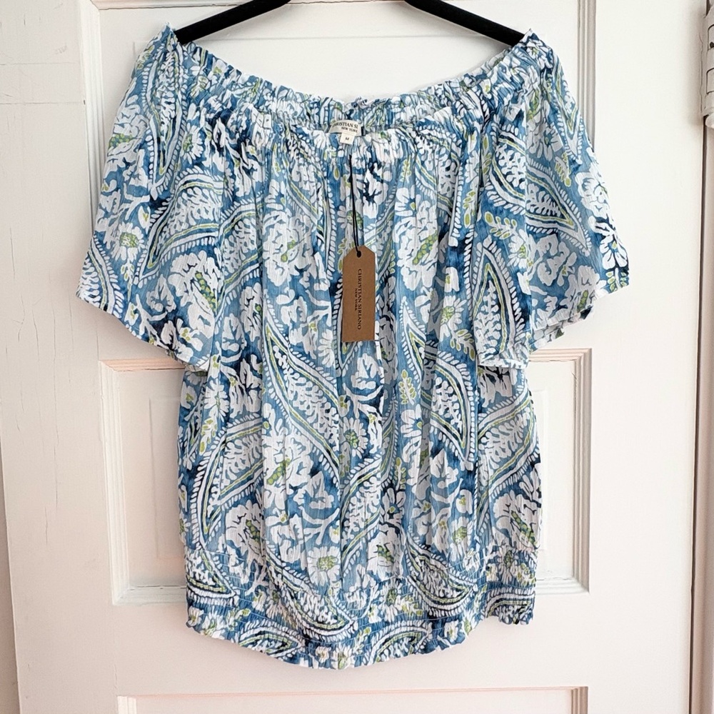 NWT Christian Siriano Paisley Smocked Top Blue Green Floral Boho Beachy Medium